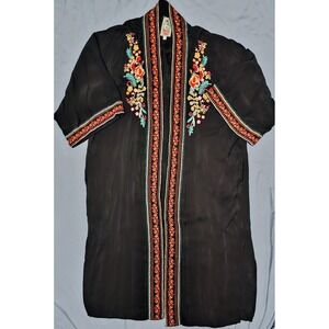 Johnny Was Womens Floral Embroidered Open Front Kimono Duster‎ Black Size Large